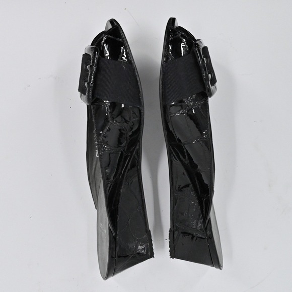 Stuart Weitzman Peep Toe Wedges Womens Sz 6.5 Black Patent Croc Embossed Slip On - Picture 9 of 9